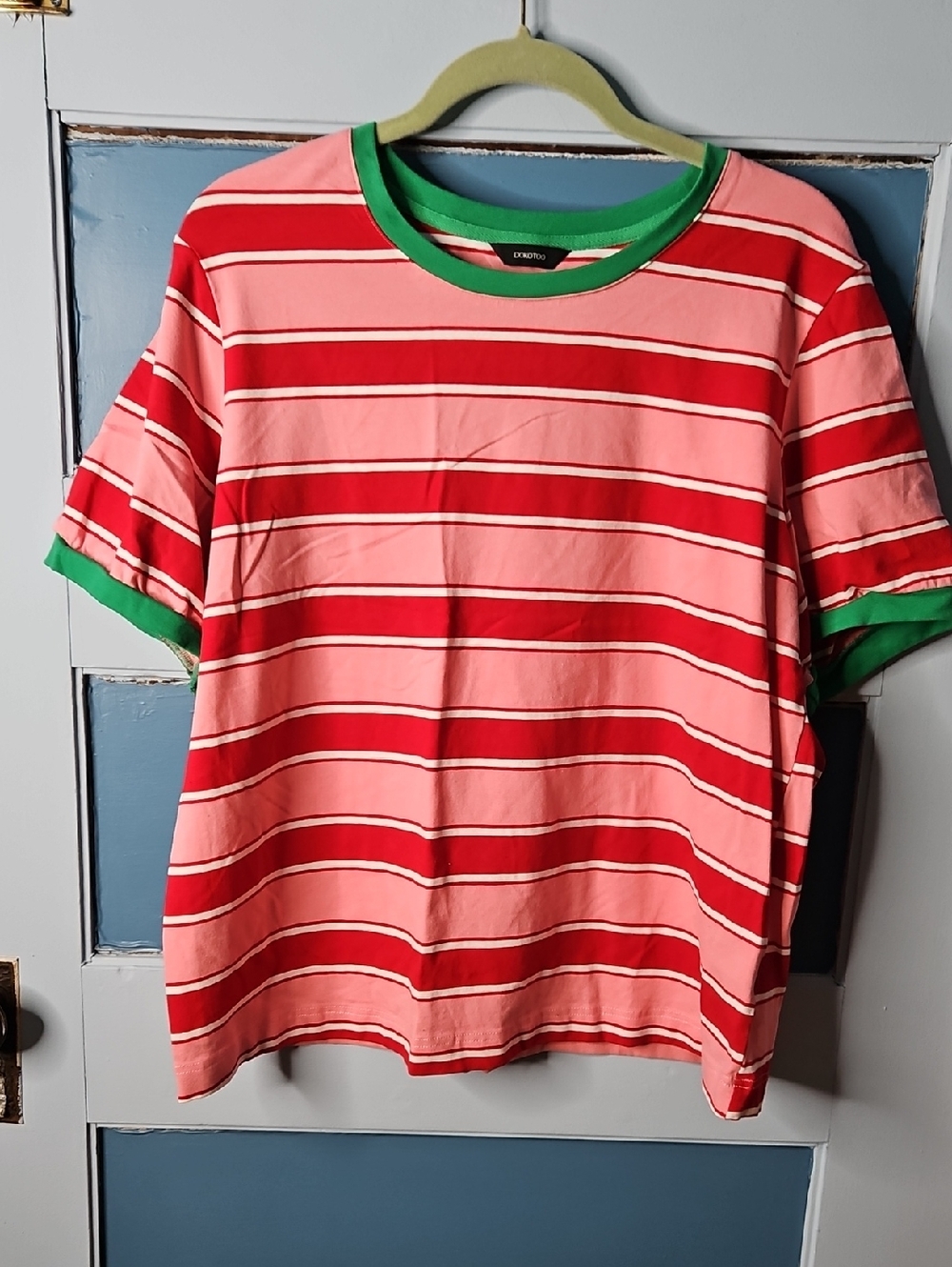 Dokotoo Women's  Pink & Red Striped Tee with Green Trim XL